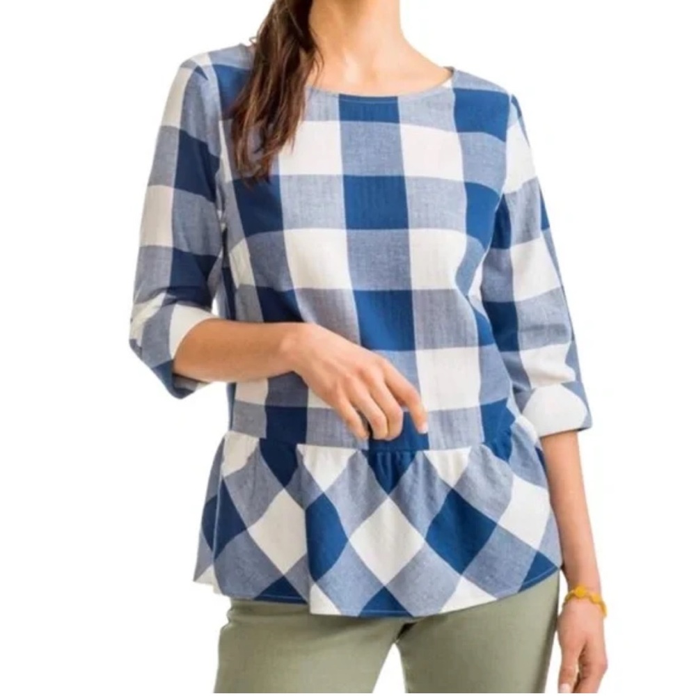 Southern Tide Jillian Peplum Blue Night Plaid Blouse